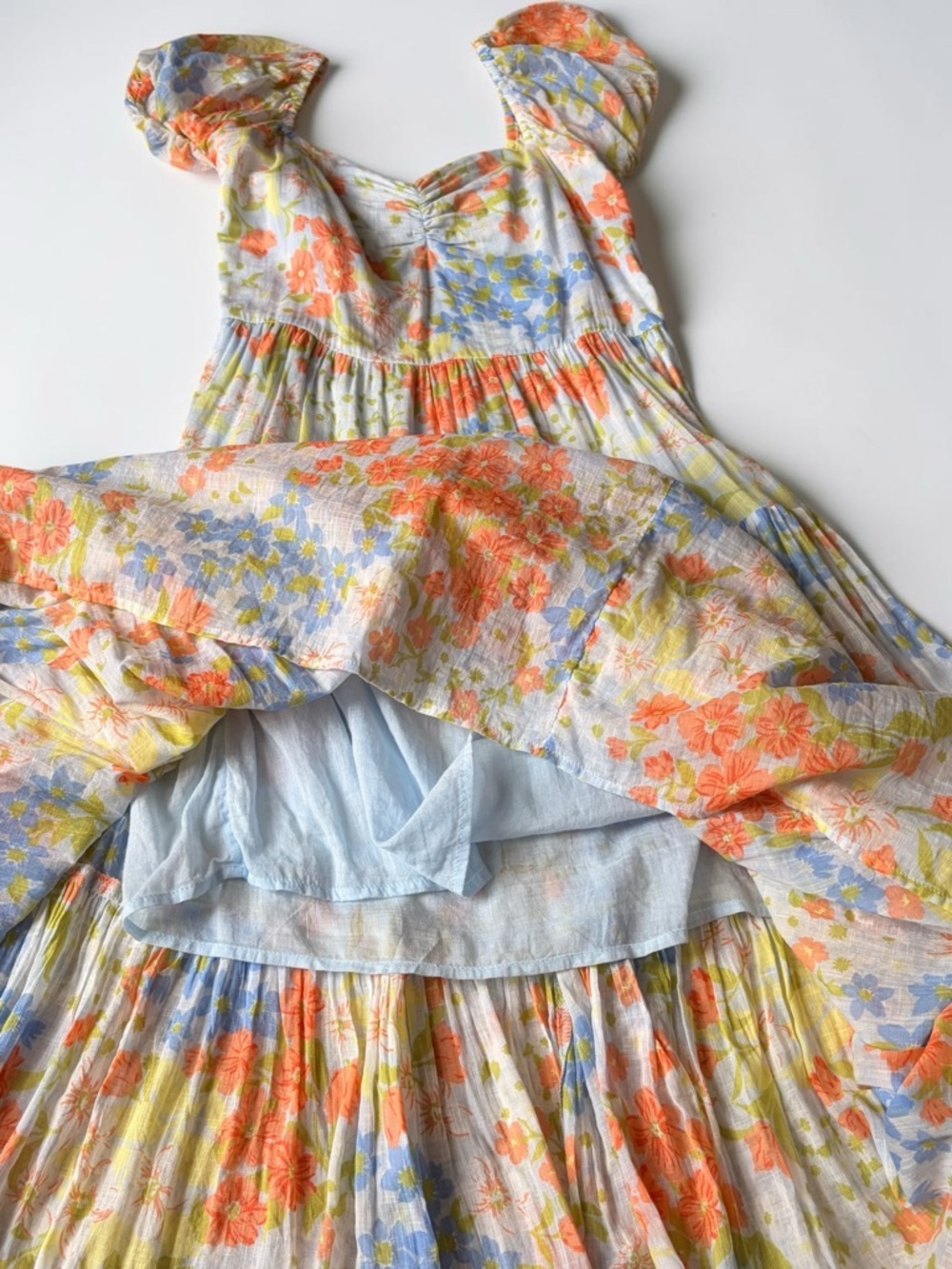 Billabong Maxi Dress Orange & Blue Floral Cotton Puff Sleeve - Picture 11 of 15